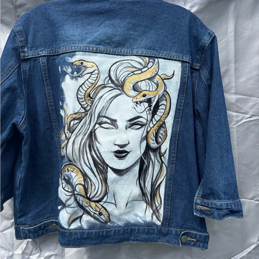 Custom hand-painted denim jacket. Fully washable. Medusa